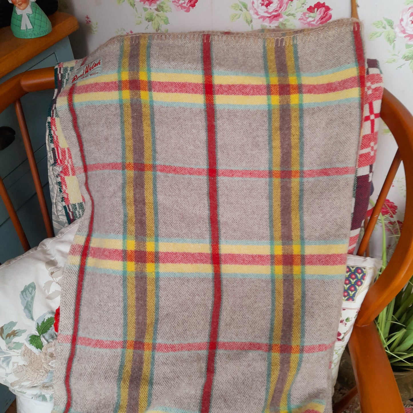Vintage 1950s REAL WELSH Blanket in Taupe With Red, Yellow & Green Checks