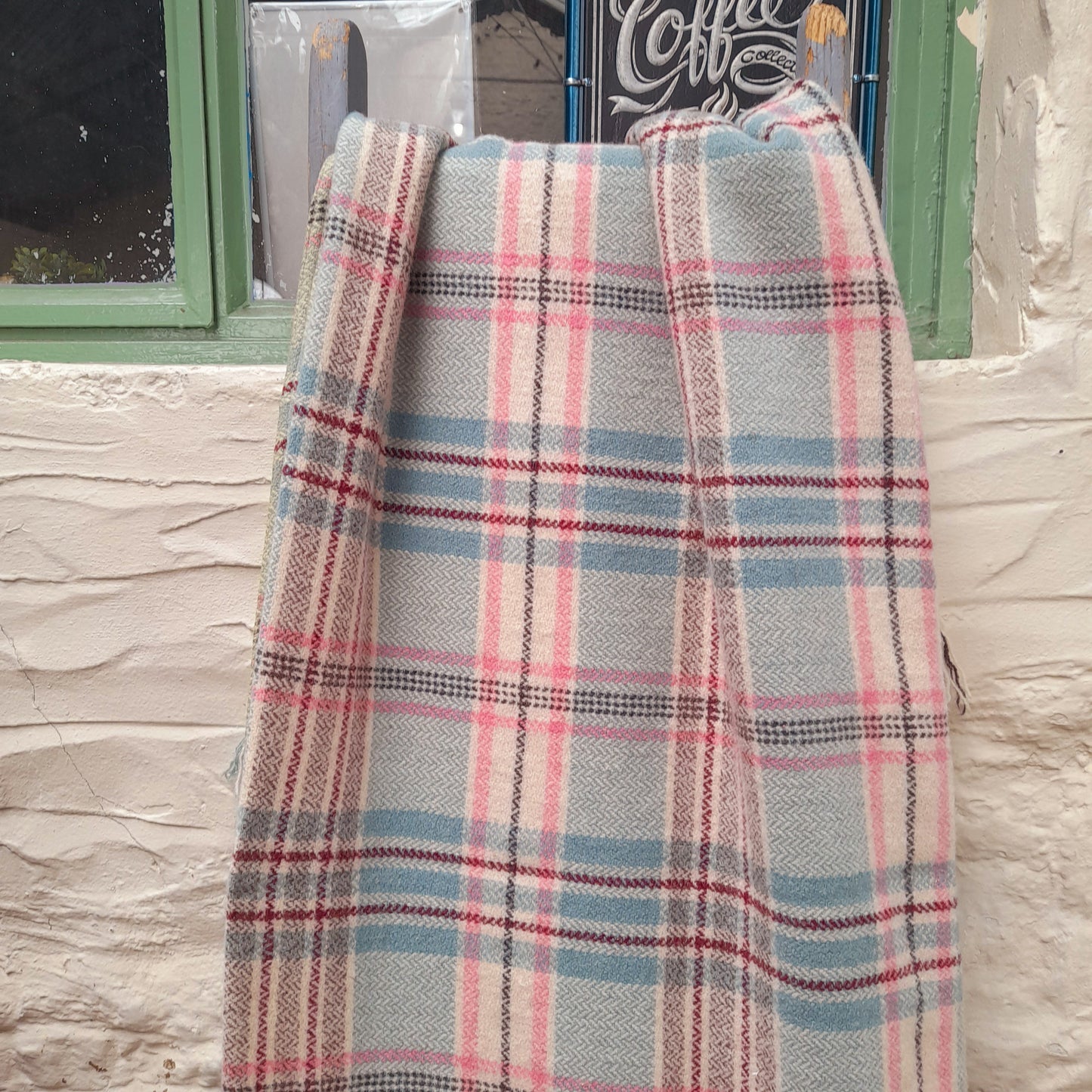 Vintage Welsh Wool Blanket/Carthen in Pale Blue, Cream, Burgundy & Pink Check