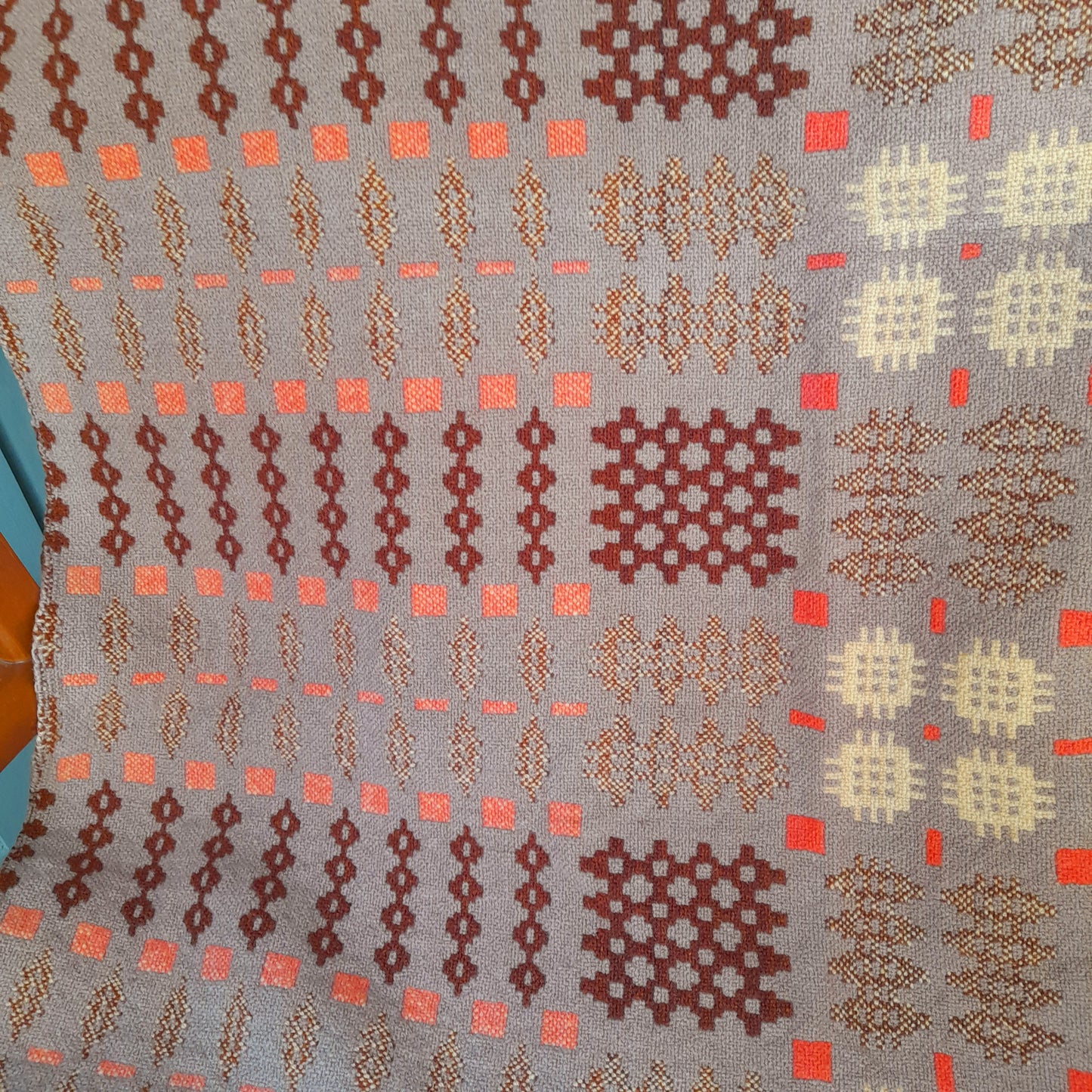 Antique Welsh Blanket in Latte Brown Orange & Cream