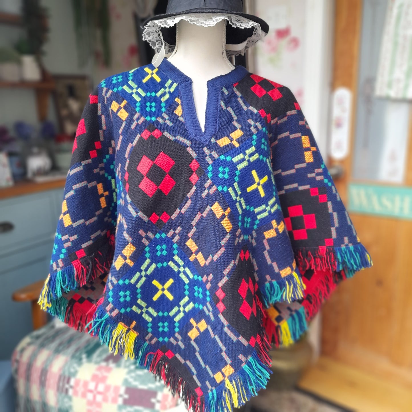 Vintage Welsh Tapestry Poncho by Trefriw Woollen Mill Navy Multicolour Reversible