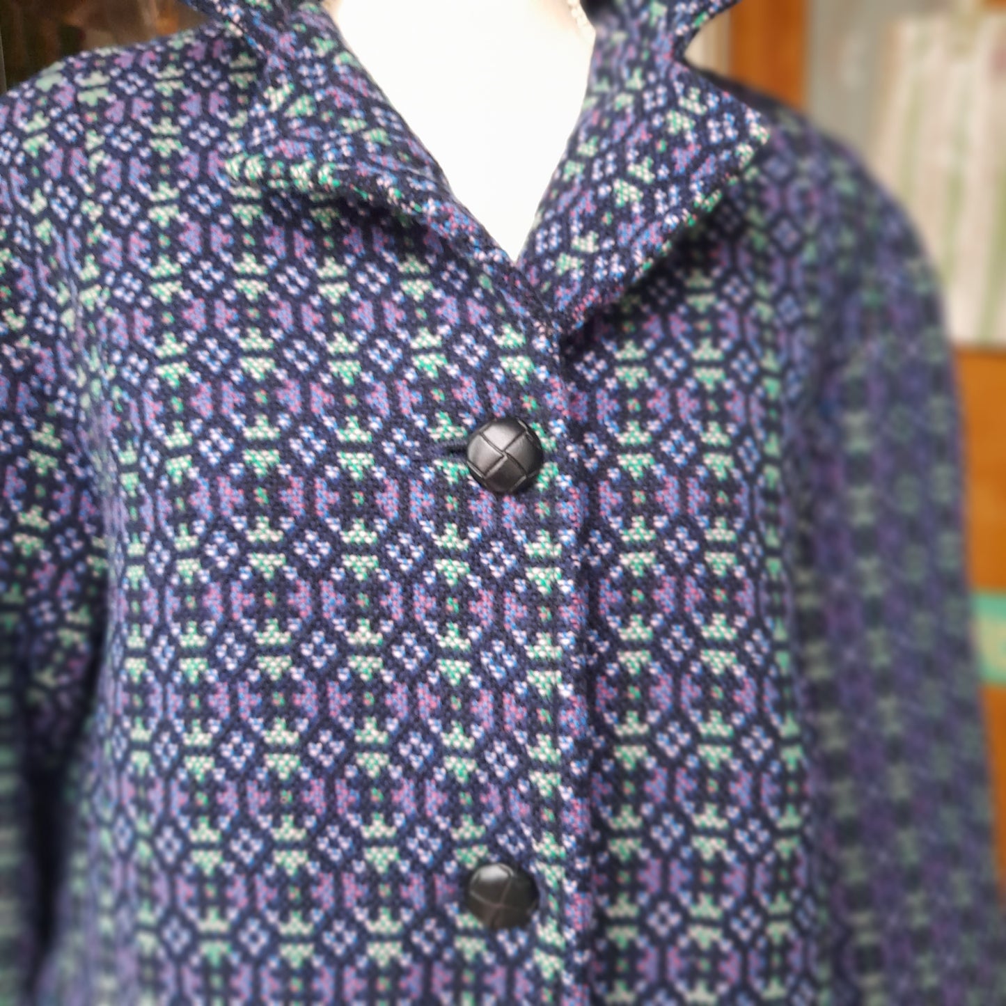 Vintage Welsh Tapestry Pea Coat in Navy Green & Purple by Melin Tregwynt Size 16/18
