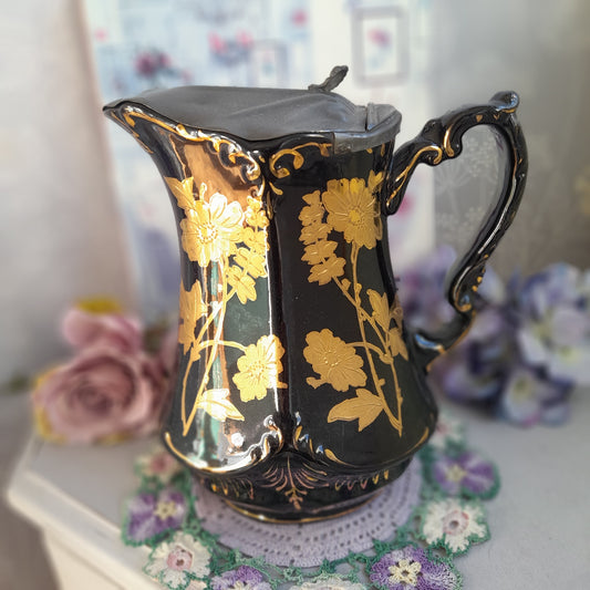 Antique Jackfield Black & Gold Water Jug With Pewter Lid