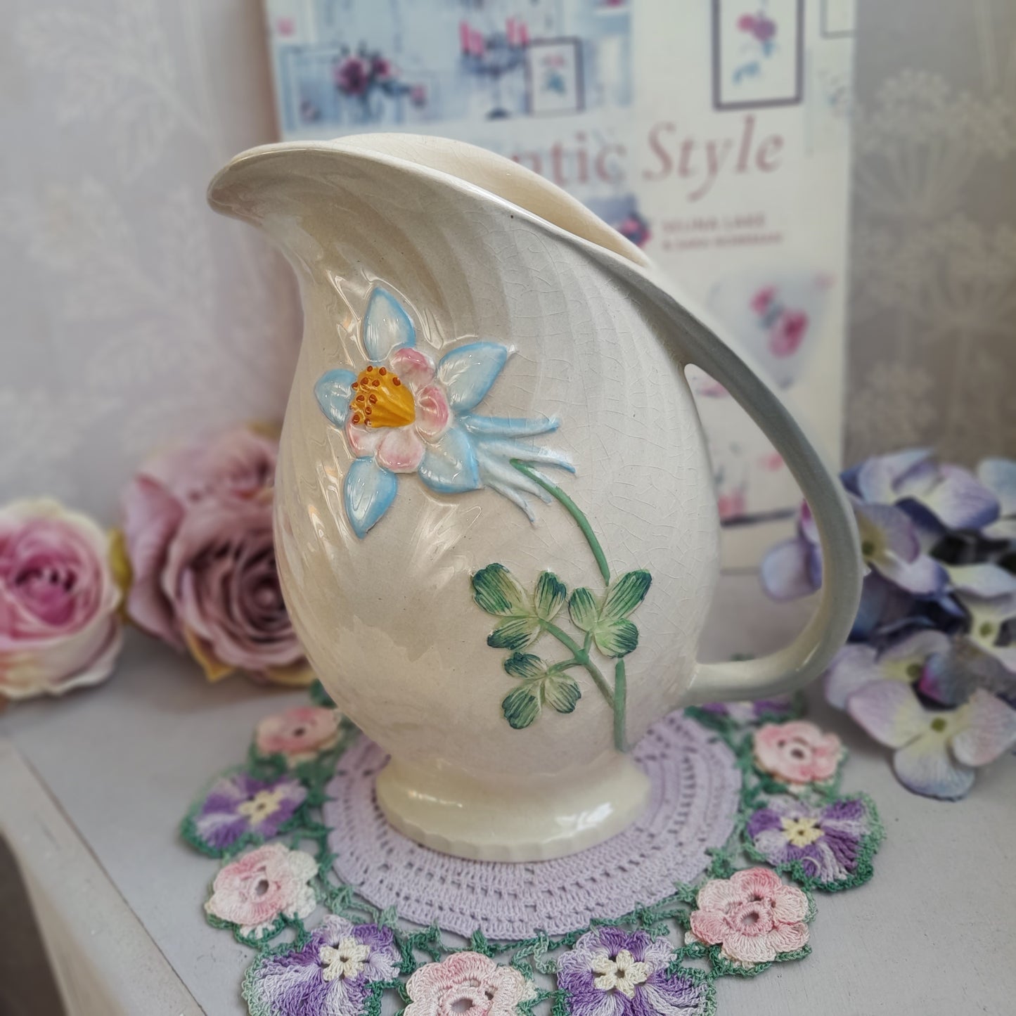 Vintage Grey Shorter & Son Art Deco Hand-Painted Floral Jug – Staffordshire Pottery, England (c. 1930s-1940s)