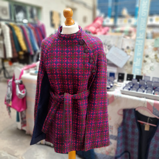Vintage Welsh Wool Tapestry Belted Cape in Pink Navy Blue & Olive Green