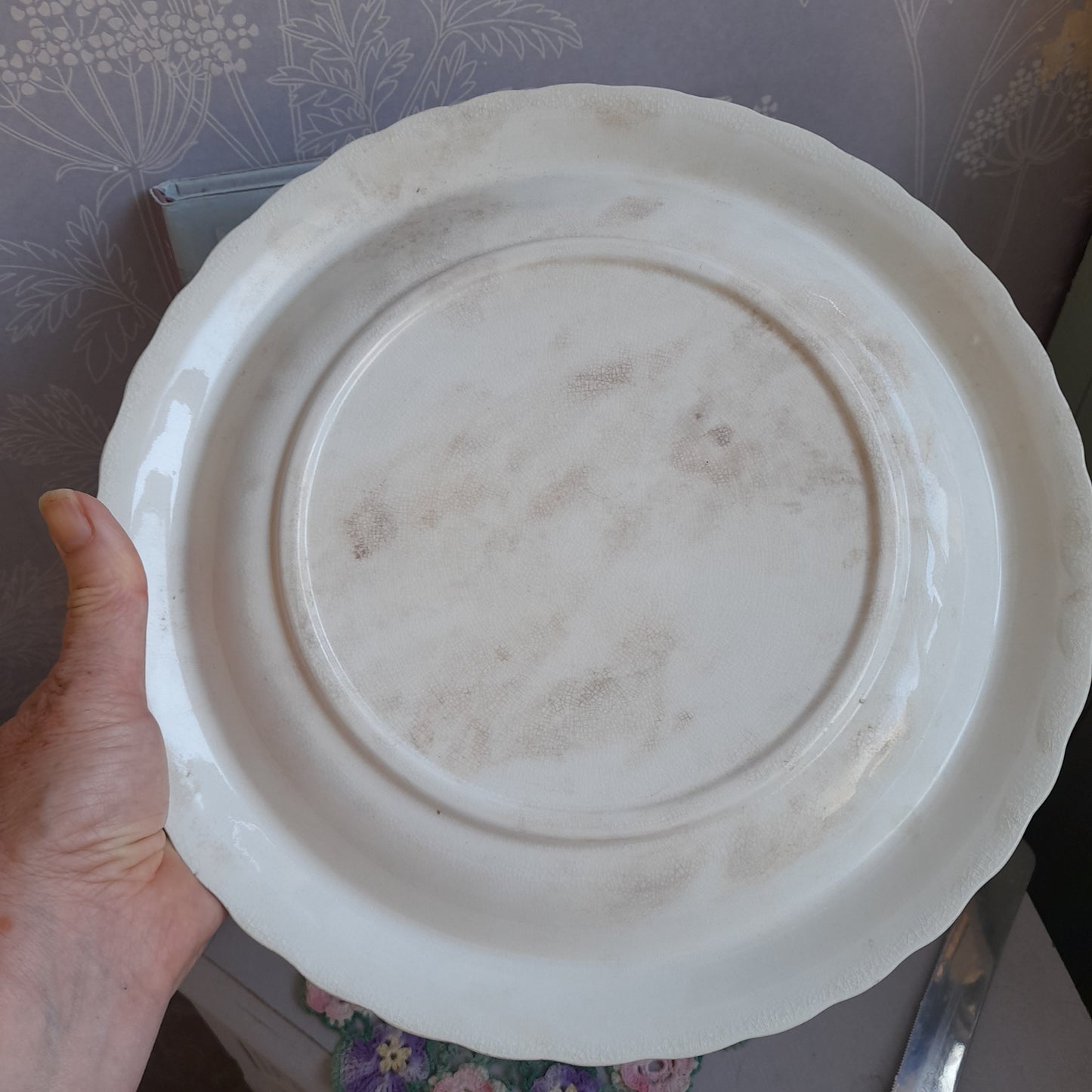 Large Antique Pink Floral Bread Plate With Scallop Edge Very Shabby Chic