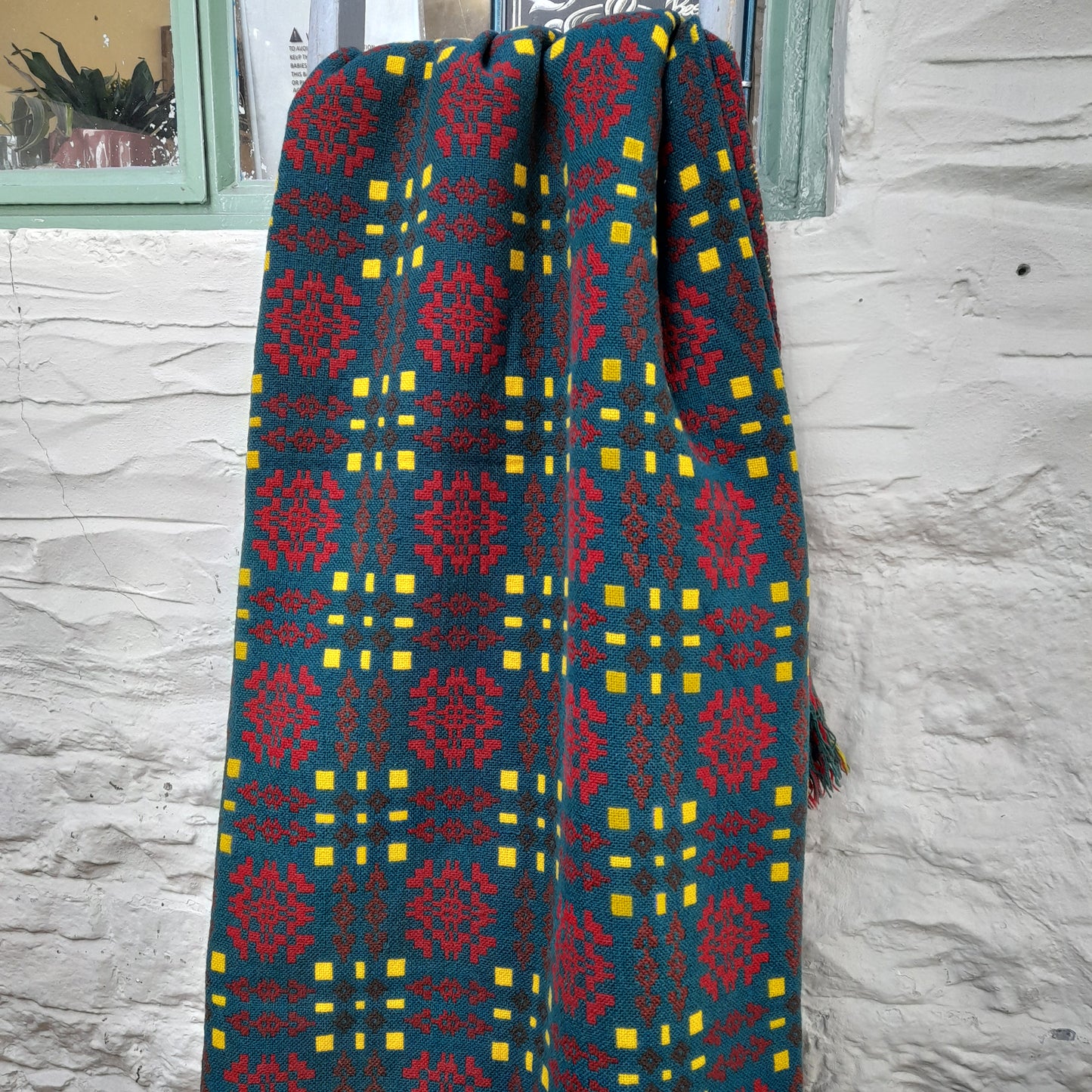 Vintage Welsh Tapestry Blanket in Green Red & Yellow by Wallis Woollen Mill King Size