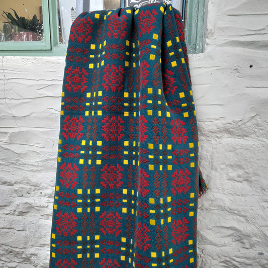 Vintage Welsh Tapestry Blanket in Green Red & Yellow by Wallis Woollen Mill King Size