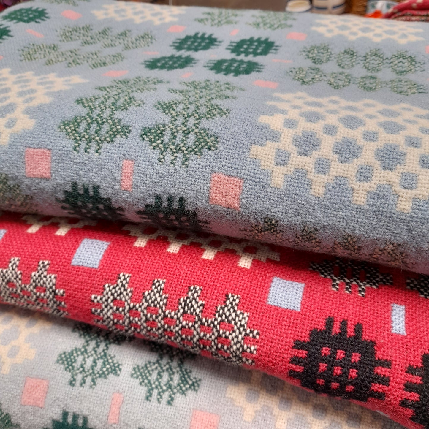Vintage Welsh Tapestry Blanket in Pale Blue Green White & a Pop of Pink
