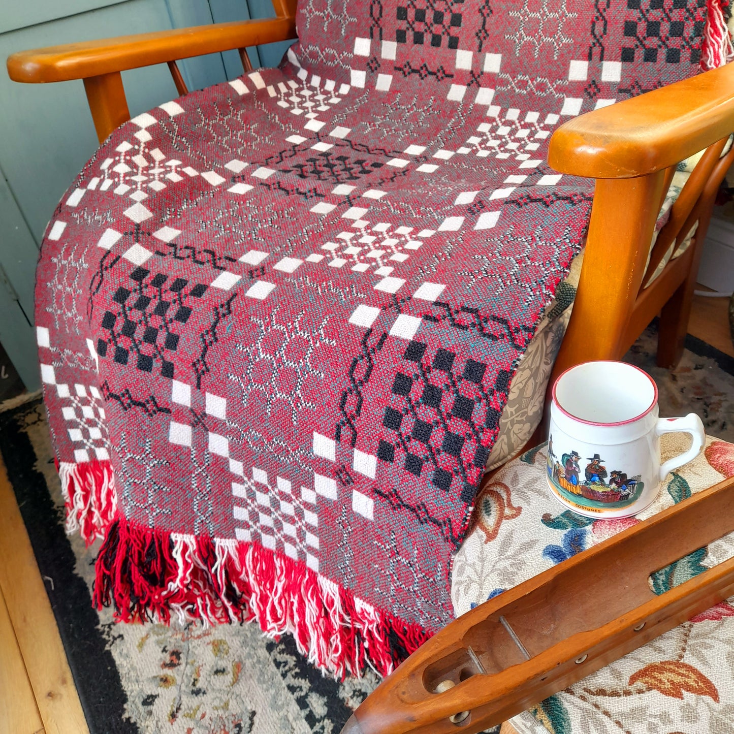 Vintage Welsh Tapestry Blanket in Red Green Black & White by Elvet Woollen Mill