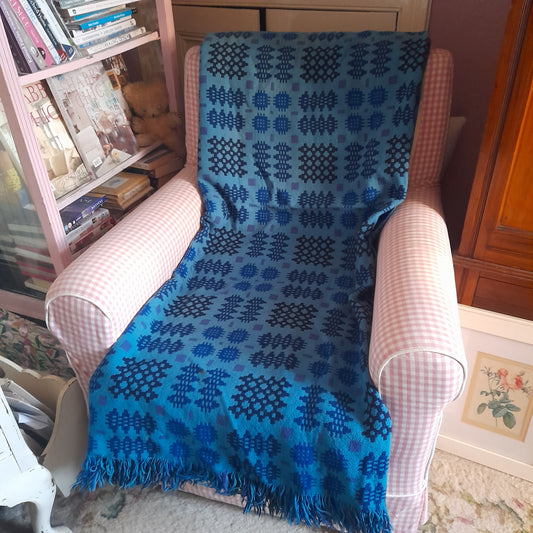 Vintage Welsh Tapestry Blanket in Vibrant Blues & A Pop of Purple