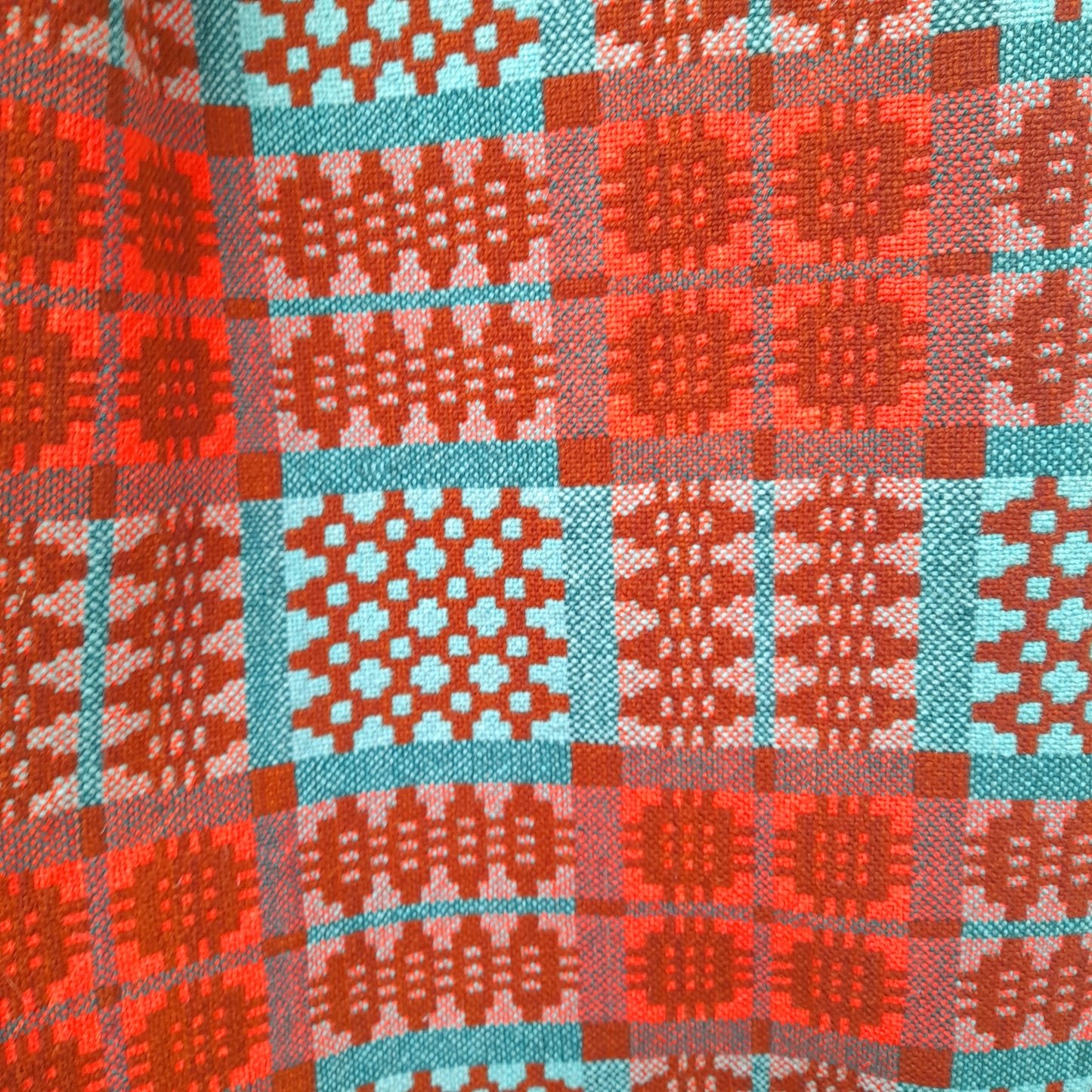 Early Antique Handmade Welsh Wool Tapestry Blanket in Teal Green, Orange Red & Terracotta
