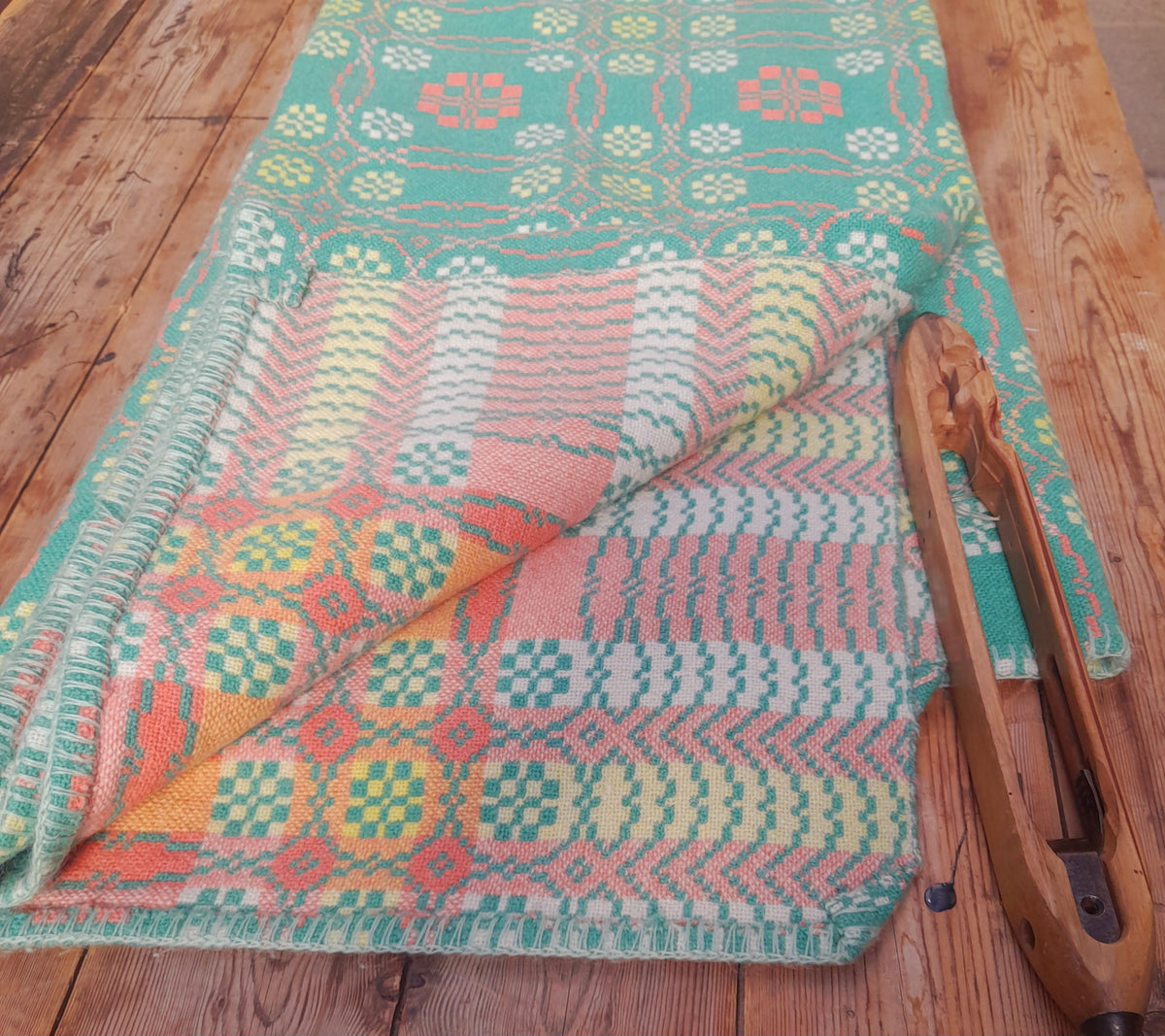 RARE Vintage Welsh Tapestry Blanket in Mint Green, Coral Pink & Daffodil Yellow in 'Peony' Design