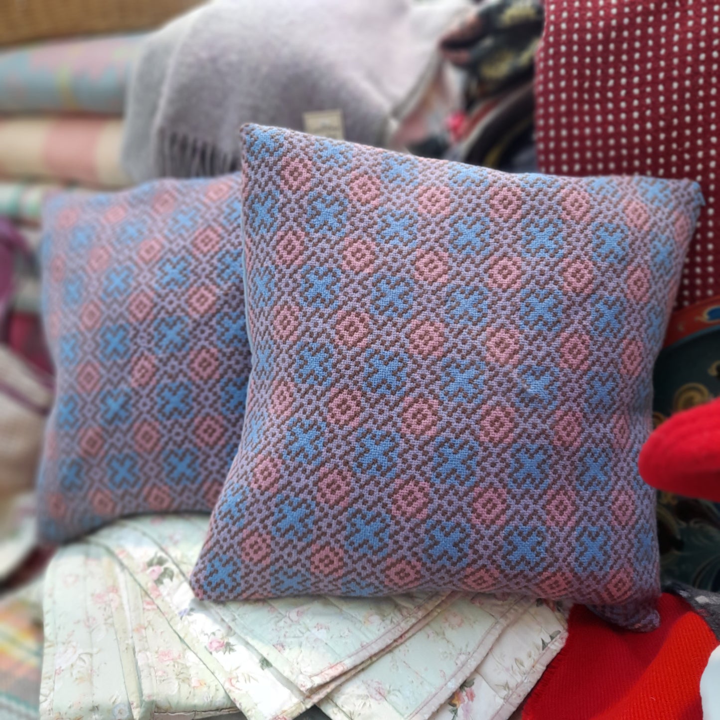 Handmade Welsh Tapestry Cushion in Pastel Pink & Blue 18"