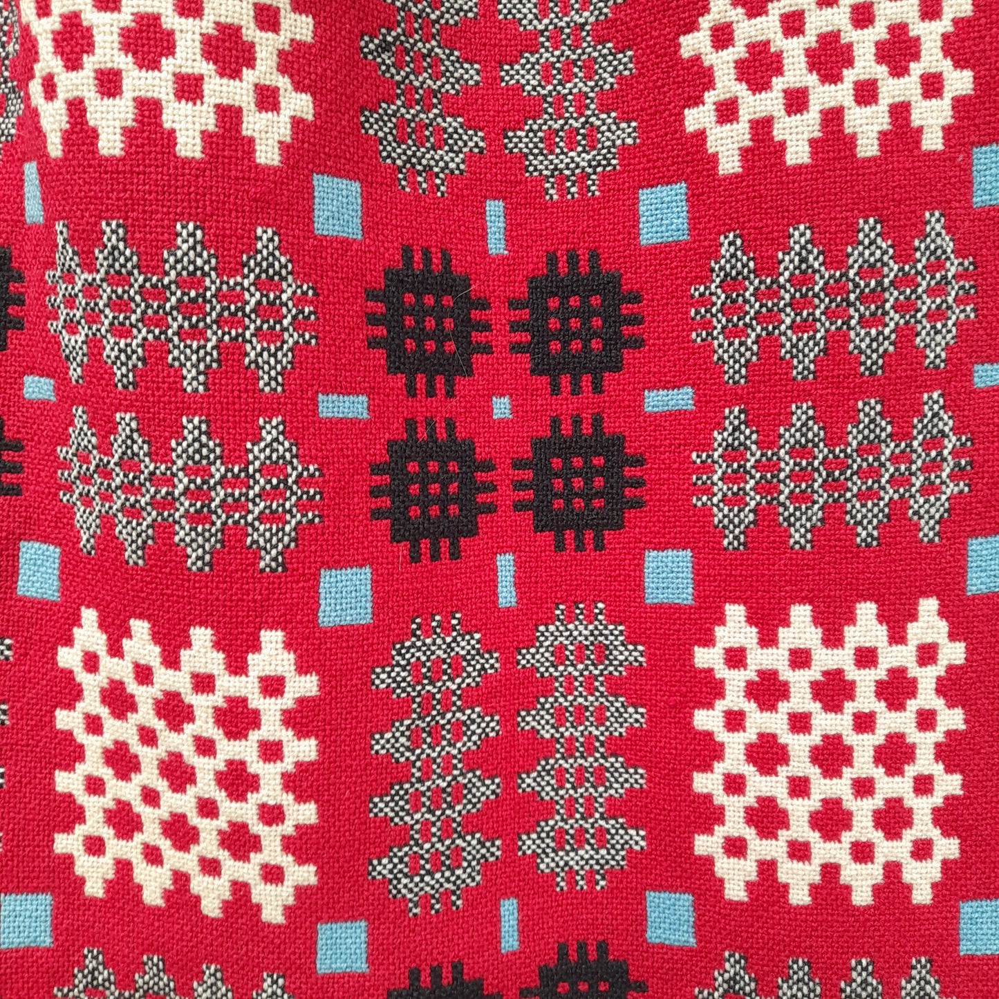 Vintage Welsh Wool Tapestry Blanket in Raspberry Red With a Pop of Blue King Size