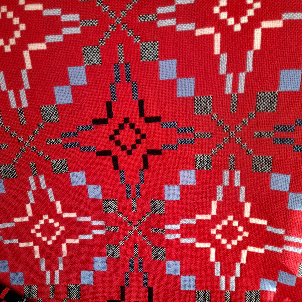 Vintage Welsh Tapestry Blanket in Raspberry Red, Black & White With A Pop of Sky Blue By Melin Tregwynt King Size