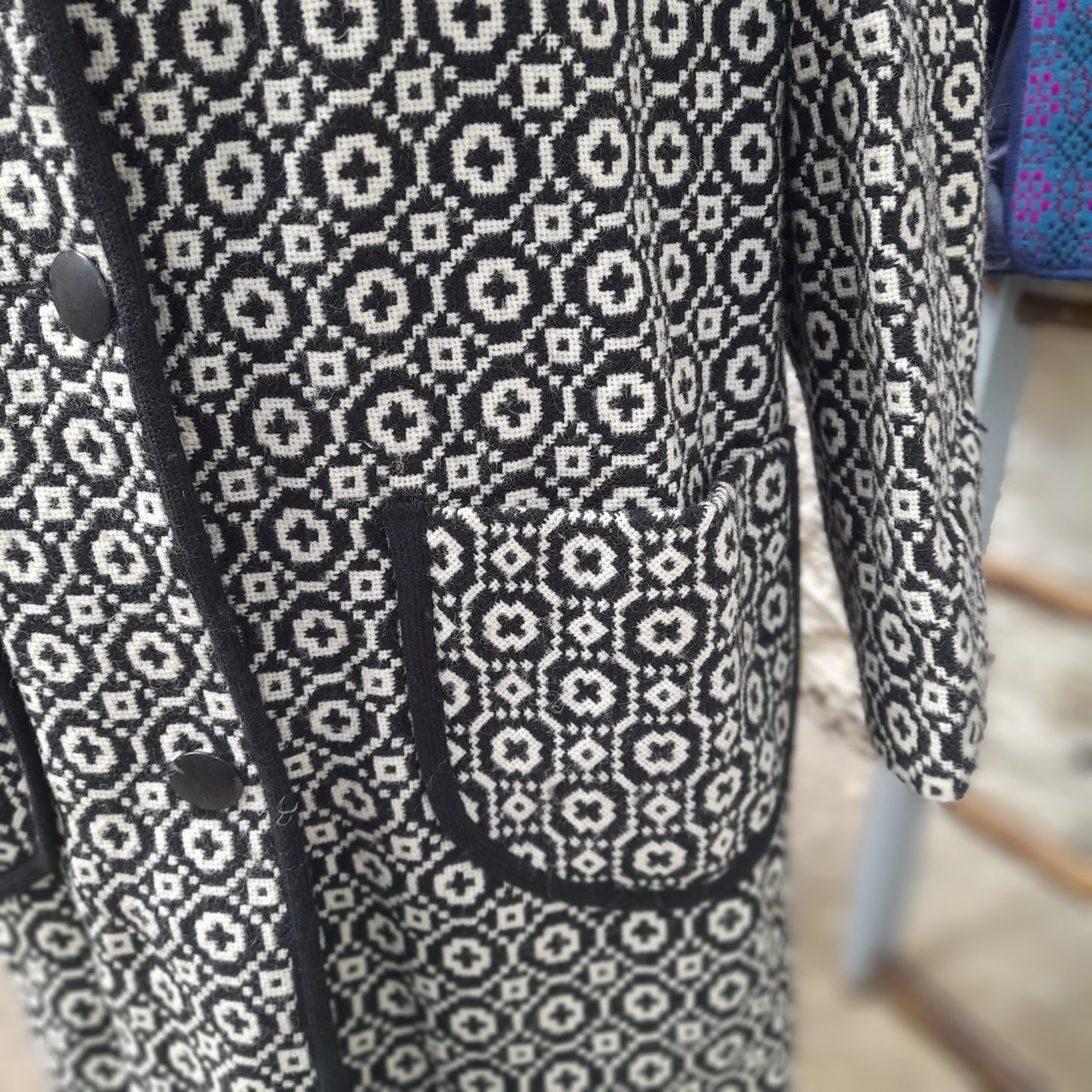 Vintage Welsh Tapestry Coat in Black & White Full Length Size 14/16