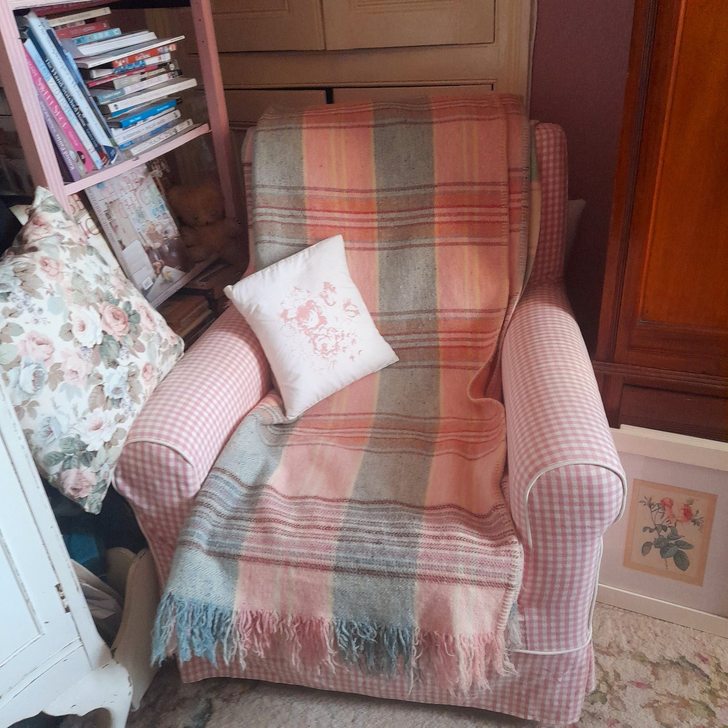 Vintage Welsh Blanket in Pretty Pastel Plaid Checks in Pale Pink Duck Egg Blue Blue & Pop of Red