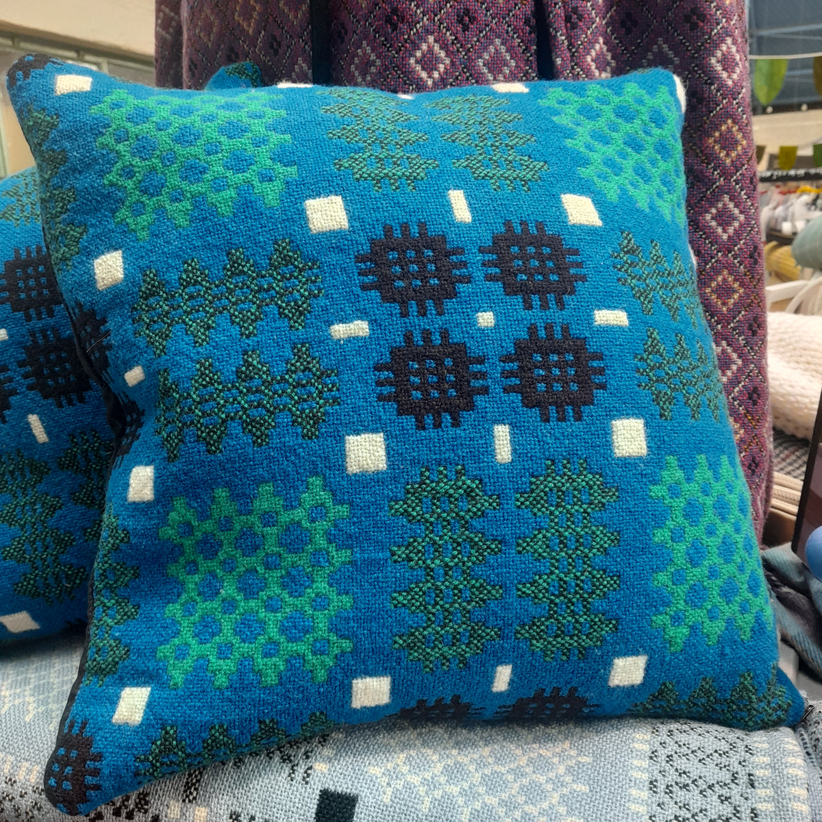 PAIR Handmade Welsh Blanket Cushions in Cobalt Blue, Green, Black & White 18"