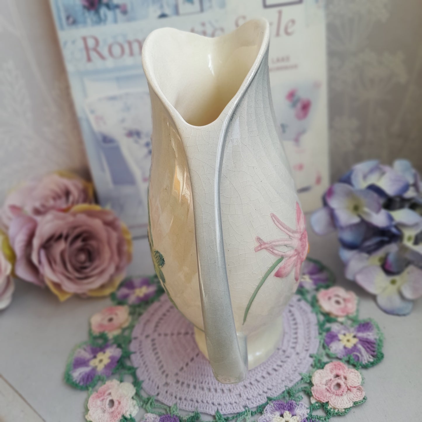 Vintage Grey Shorter & Son Art Deco Hand-Painted Floral Jug – Staffordshire Pottery, England (c. 1930s-1940s)