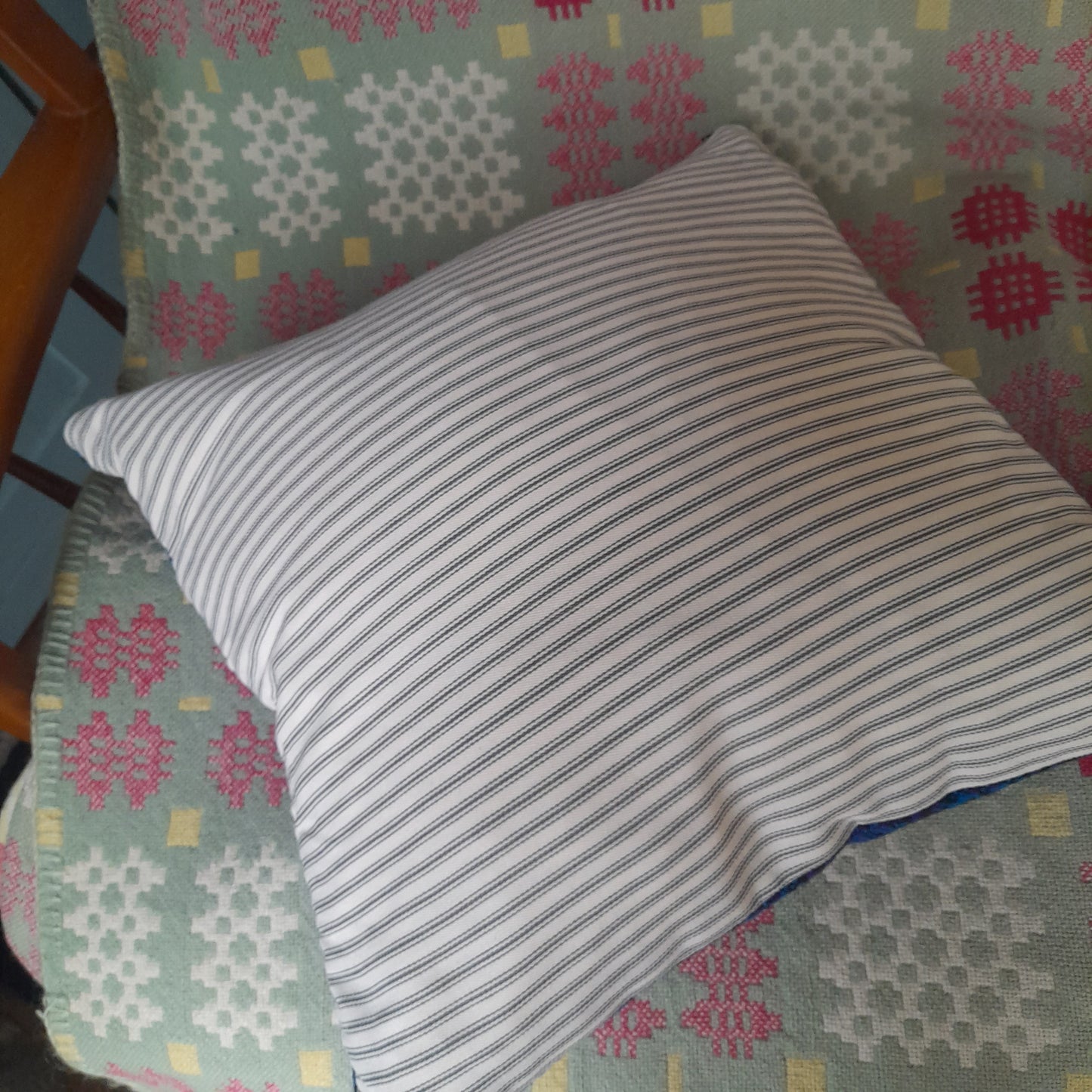 PAIR Handmade Cushions Made From Vintage Welsh Tapestry Fabric in Bright Blue, Purple & Black 18"