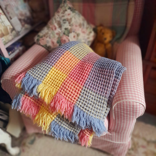 Vintage Welsh Wool Waffle Honeycomb Blanket in Rainbow Pastels Pink Blue & Lemon Check