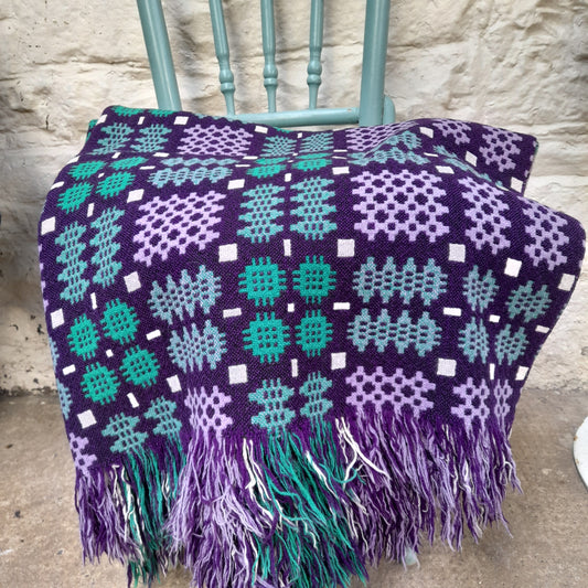 Vintage Welsh Tapestry Blanket in Purple Lilac & Teal Green King Size