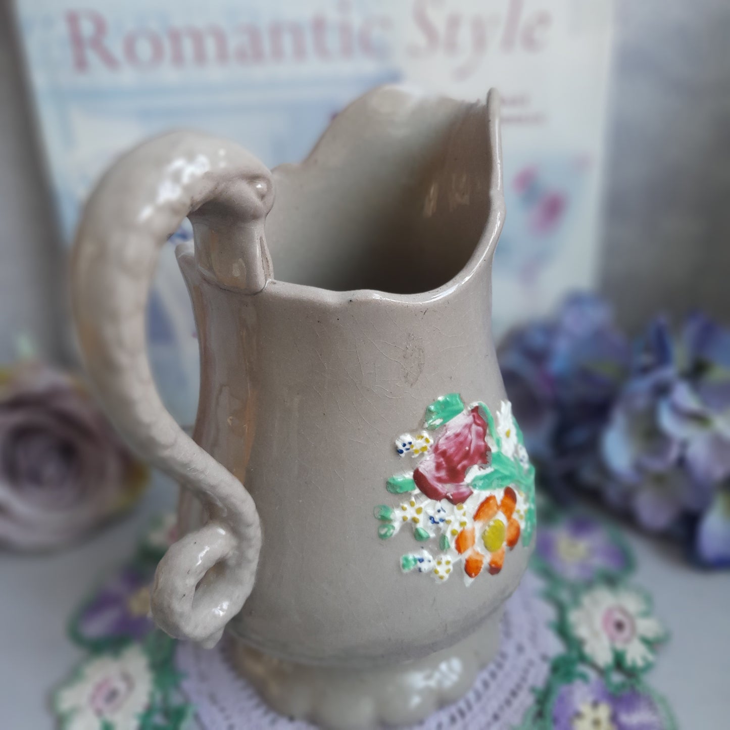 Victorian Staffordshire Drabware Jug with Applied Flowers, Antique English Pottery Pitcher, c. 1840