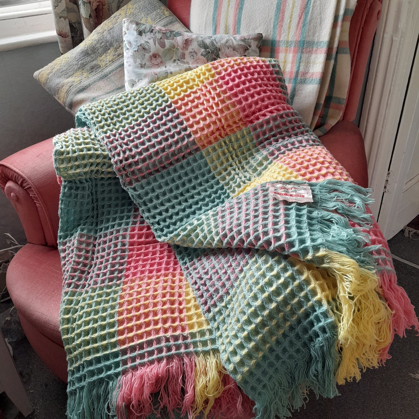Vintage Welsh Wool Waffle Honeycomb Blanket in Rainbow Colours Pink Green Blue & Yellow by Derw Mill King Size