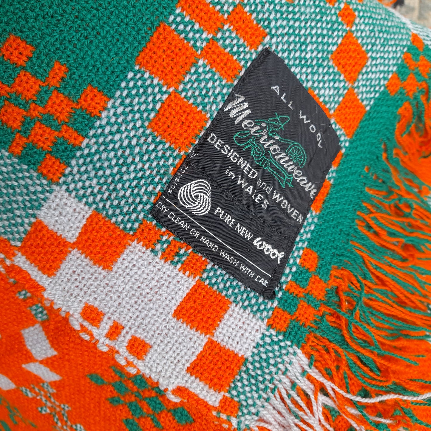 Vintage Welsh Tapestry Blanket in Bright Orange Green & Off White by Meirion Mill