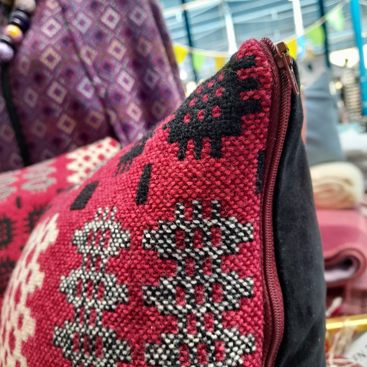 PAIR Handmade Welsh Tapestry Blanket Cushions in Burgundy Red, Black & White 18"