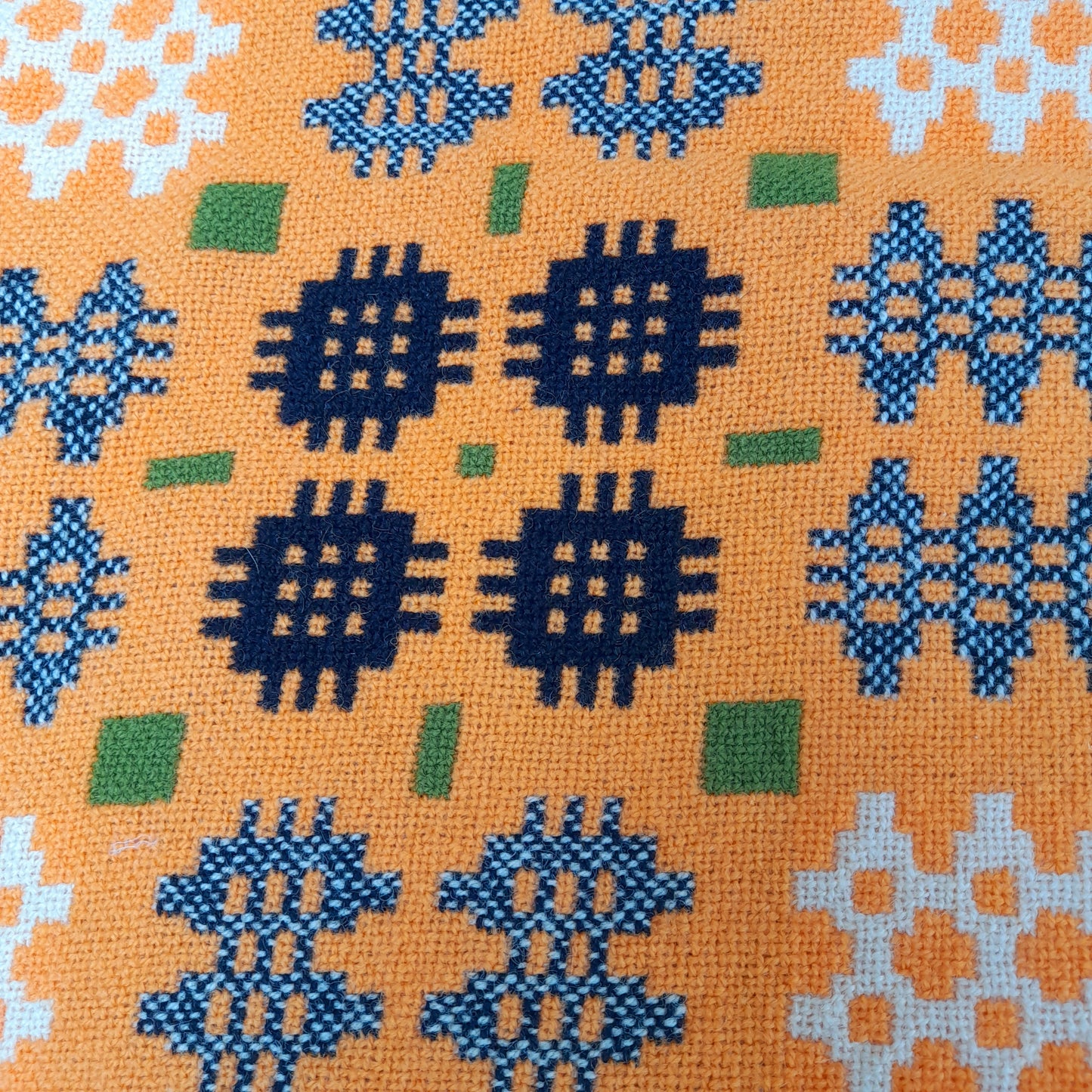 Vintage Welsh Tapestry Blanket in Tangerine Orange Olive Green Black & White