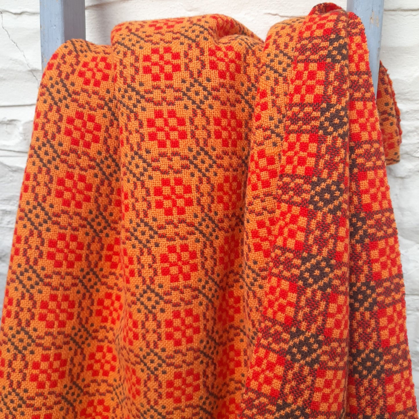 Vintage Welsh Tapestry Blanket in Bright Orange Brown & Gold by Meirion Mill