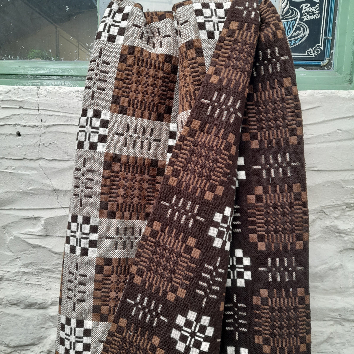 RARE Vintage Welsh Tapestry Blanket in Chocolate Brown, Black & White King Size