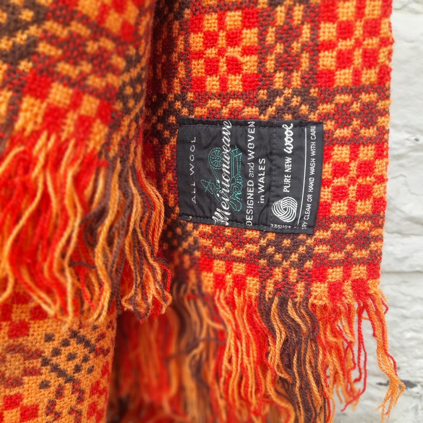Vintage Welsh Tapestry Blanket in Bright Orange Brown & Gold by Meirion Mill