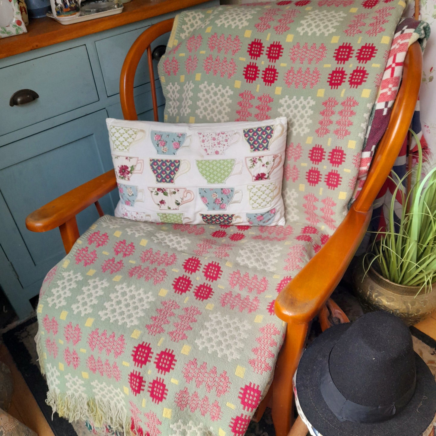 Vintage Welsh Tapestry Blanket in Sage Green, Raspberry Pink, Yellow & White King Size