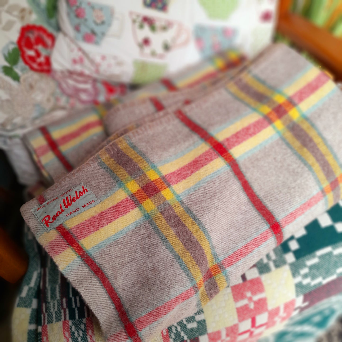 Vintage 1950s REAL WELSH Blanket in Taupe With Red, Yellow & Green Checks