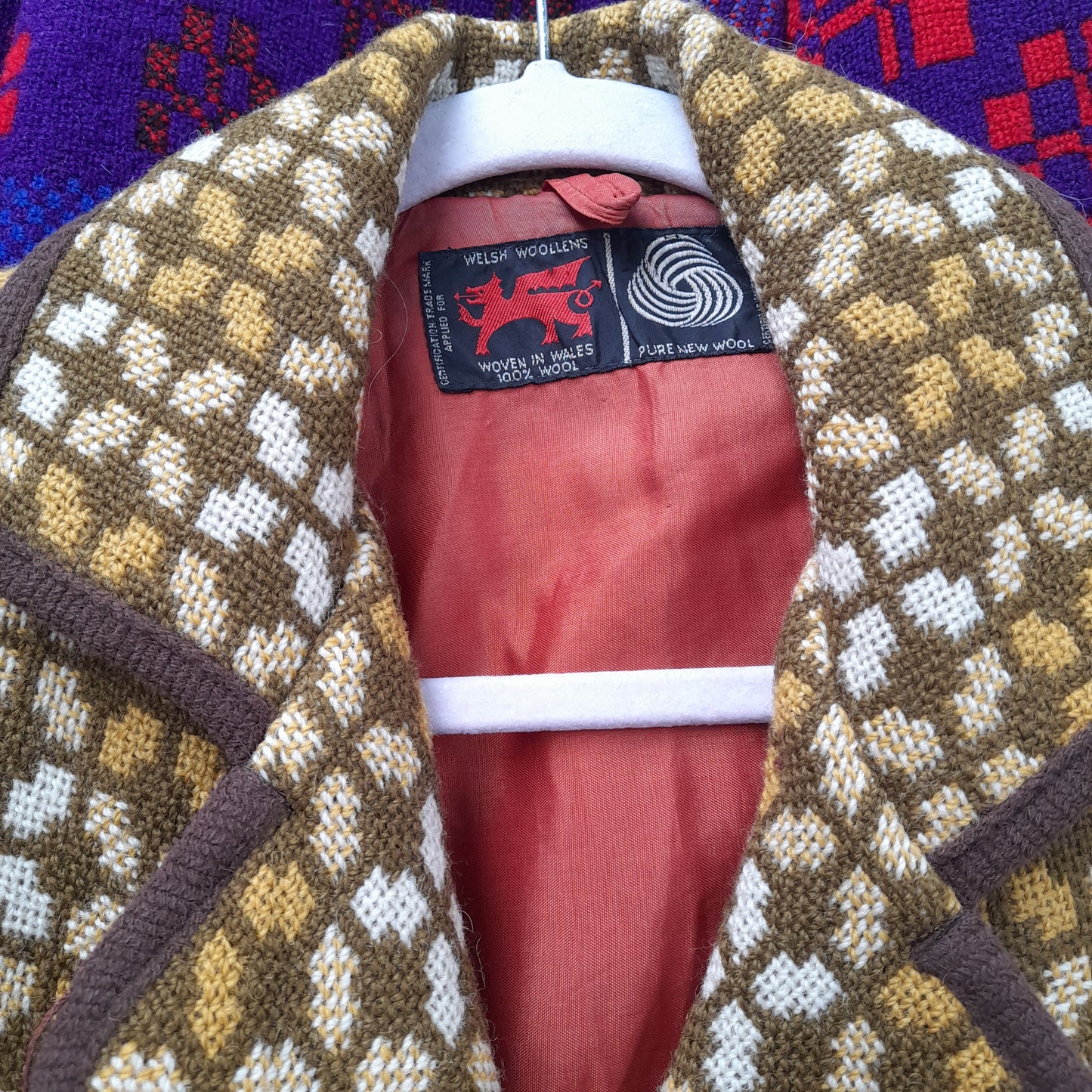 Vintage Welsh Tapestry Pea Coat in Mustard, Cream & Brown Size 16/18