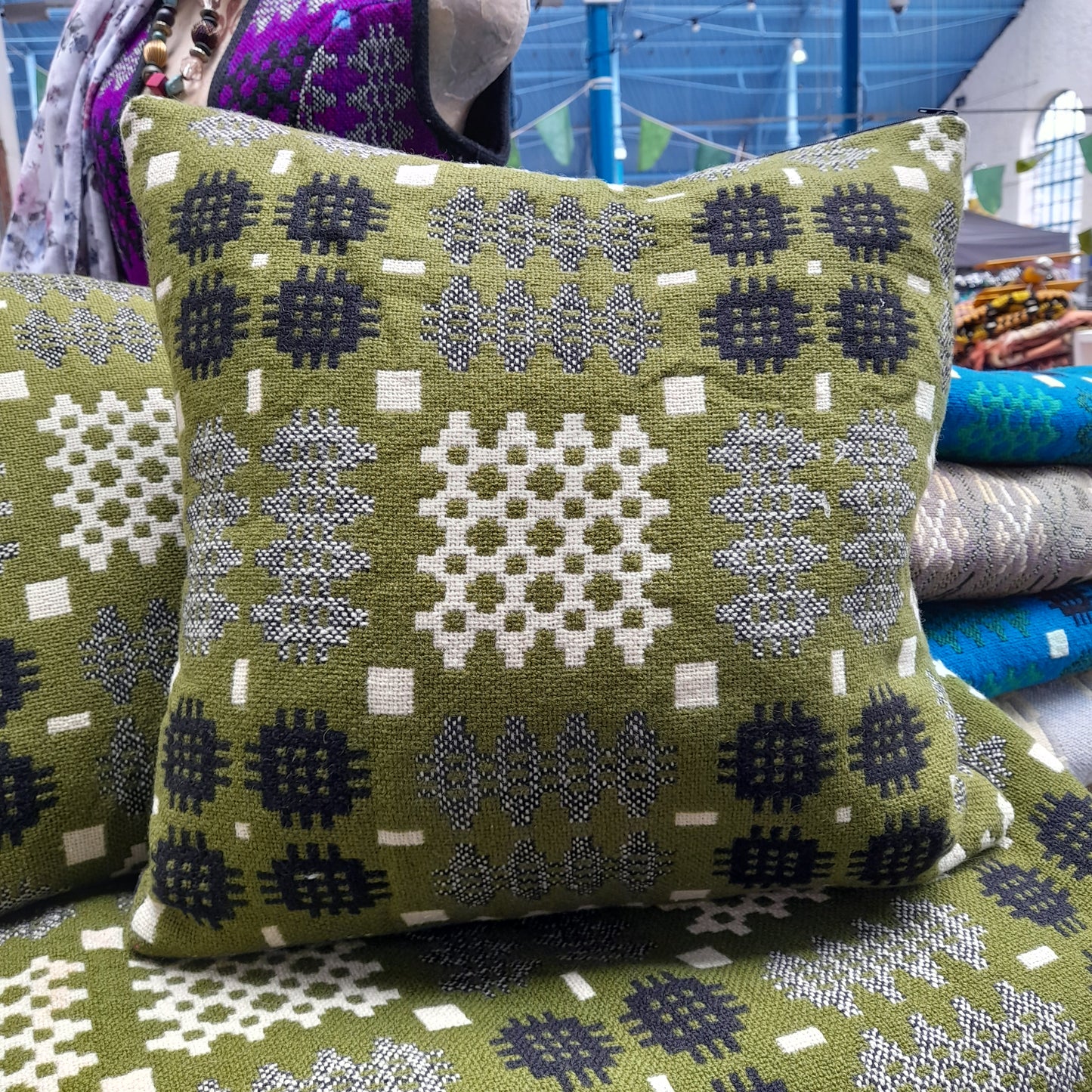 PAIR Of Handmade Welsh Blanket Cushions in Dark Green, Black & White 18"