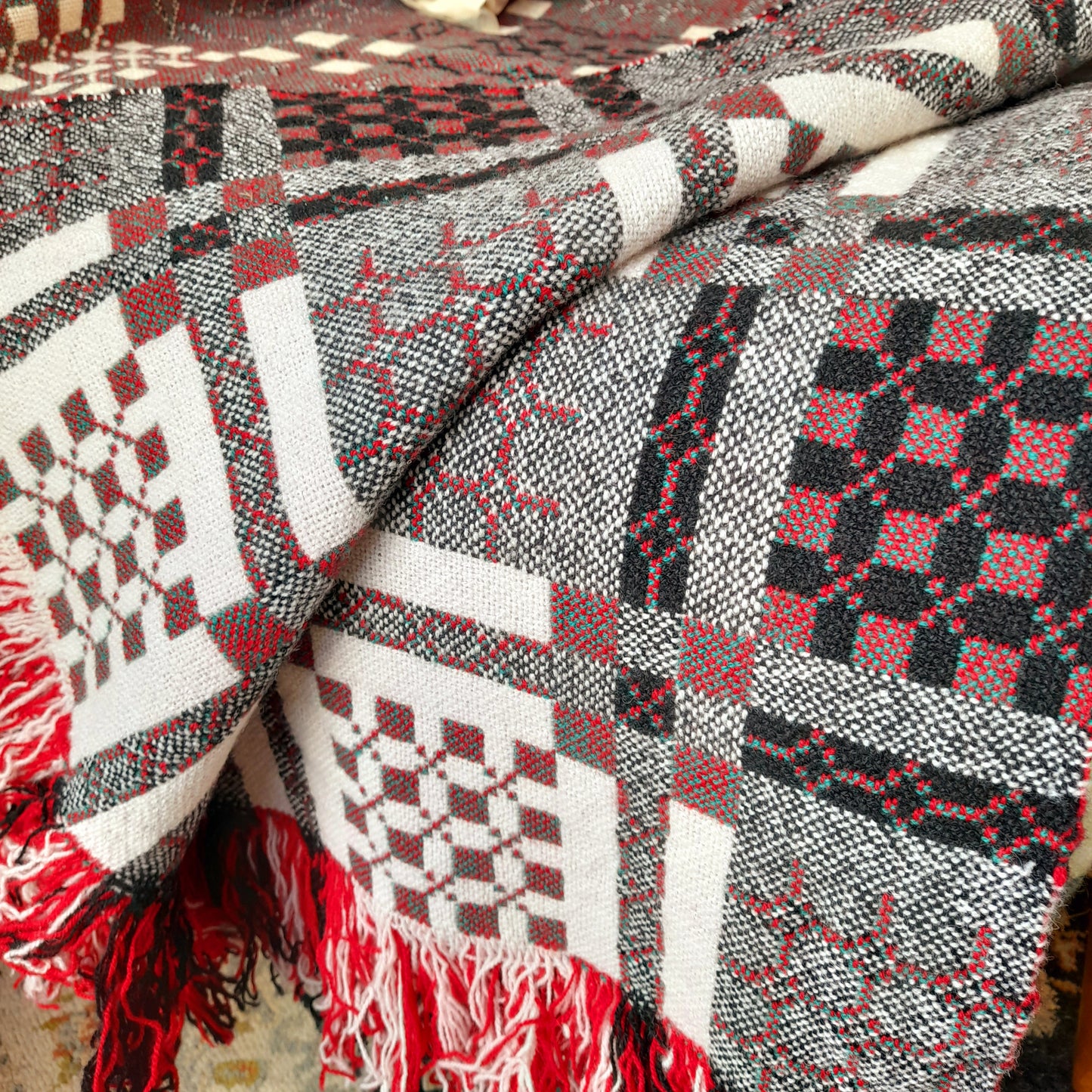 Vintage Welsh Tapestry Blanket in Red Green Black & White by Elvet Woollen Mill