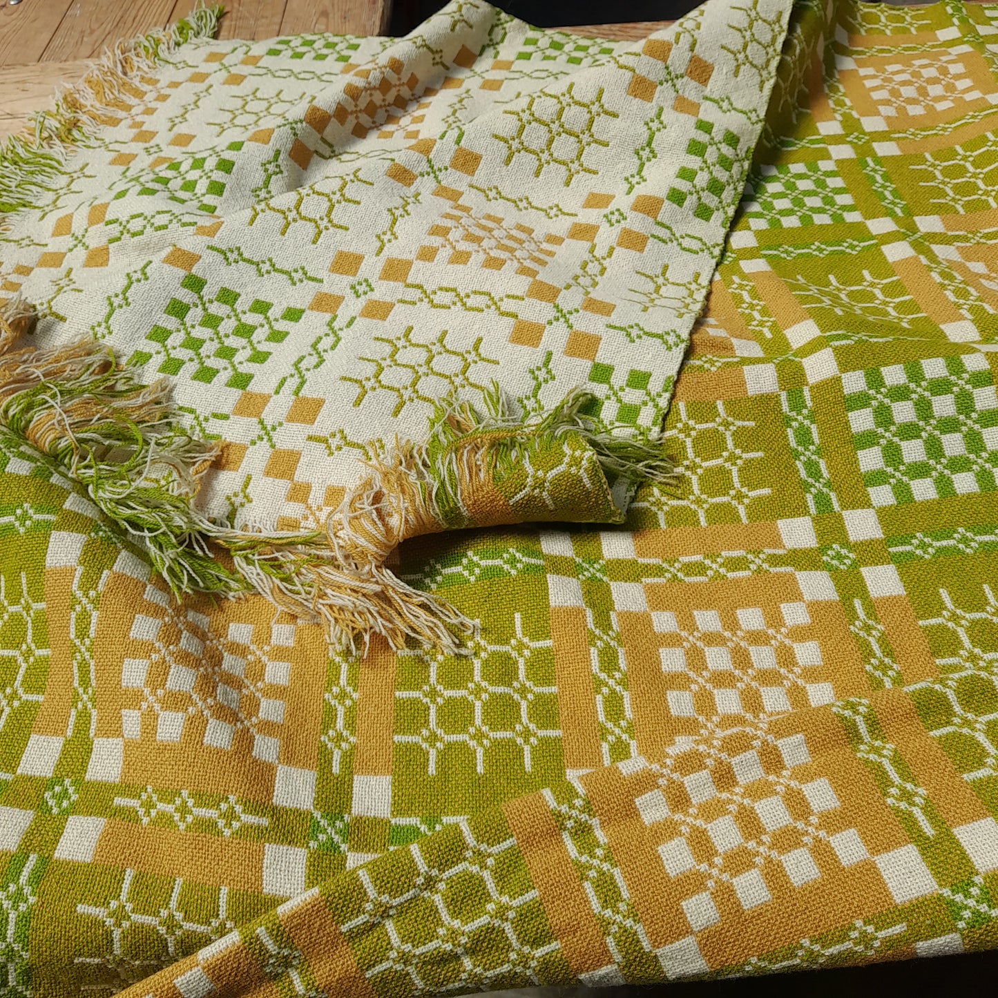 Vintage Welsh Tapestry Blanket in Mustard, Green & Cream by Elfed Woollen Mill King Size
