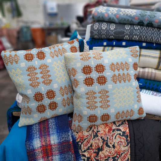PAIR Handmade Welsh Blanket Cushions in Duck Egg Blue, Lemon & Brown 18"