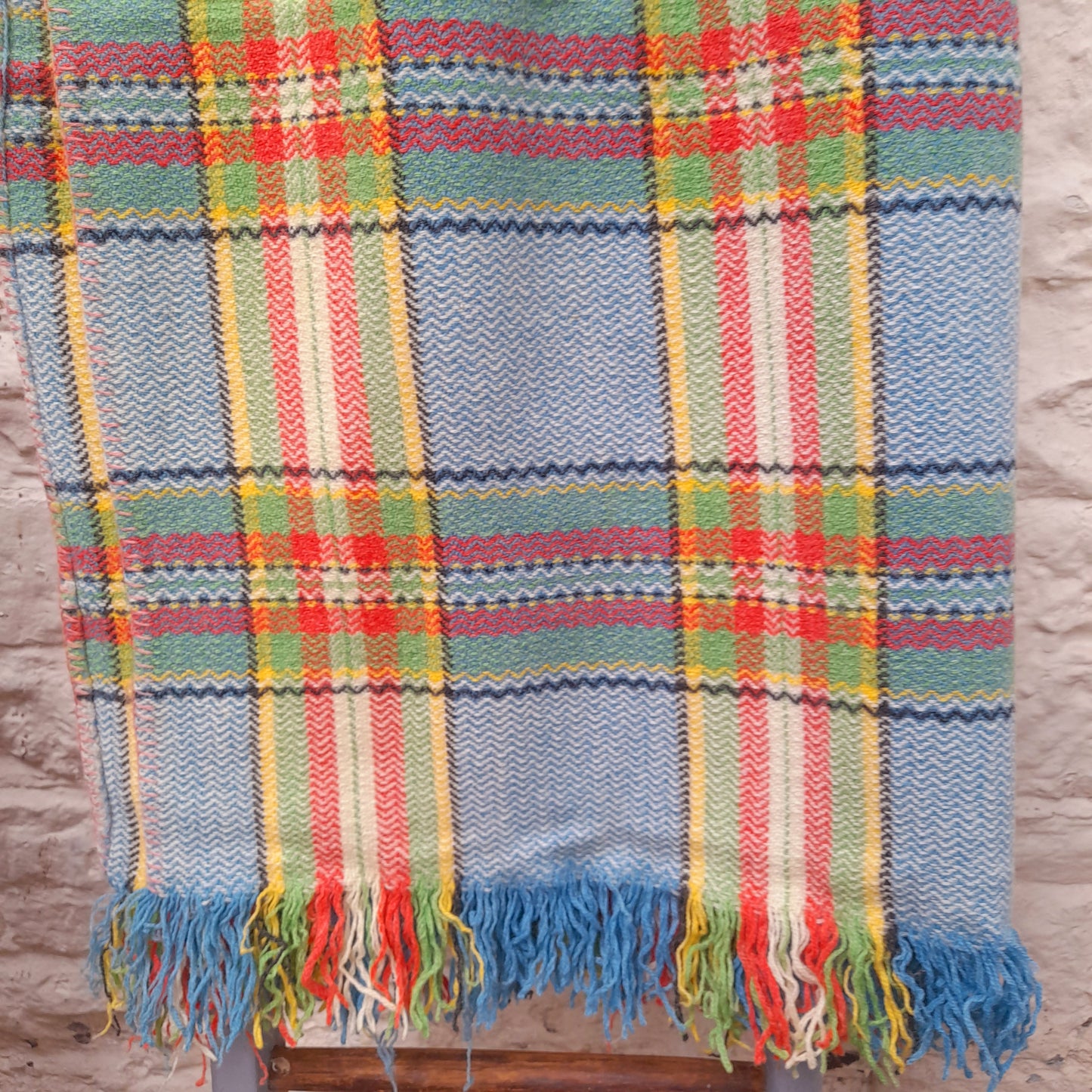 Vintage Welsh Wool Blanket/Carthen in Vibrant Blue, Green, Yellow & Red With Liquorice Stripe