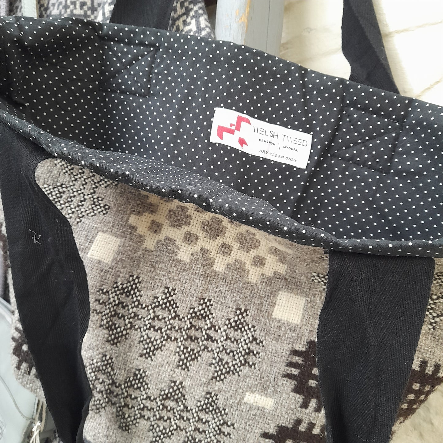 Handmade Welsh Tapestry Blanket Shoulder Bag/Shopper in Grey, Black & White by Welsh Tweed