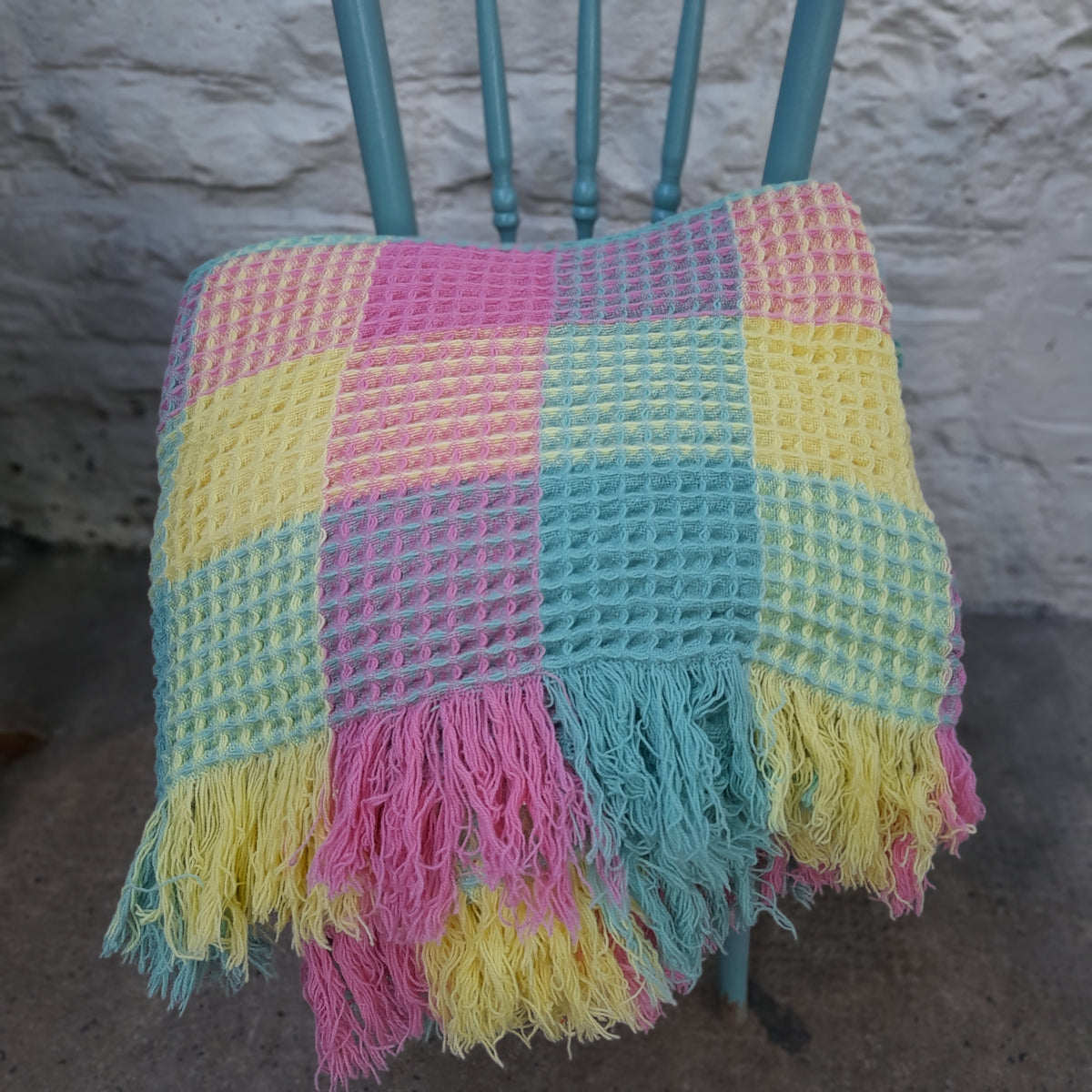 Vintage Welsh Wool Waffle Honeycomb Blanket in Rainbow Colours Pink Green & Yellow by Derw Mill King Size