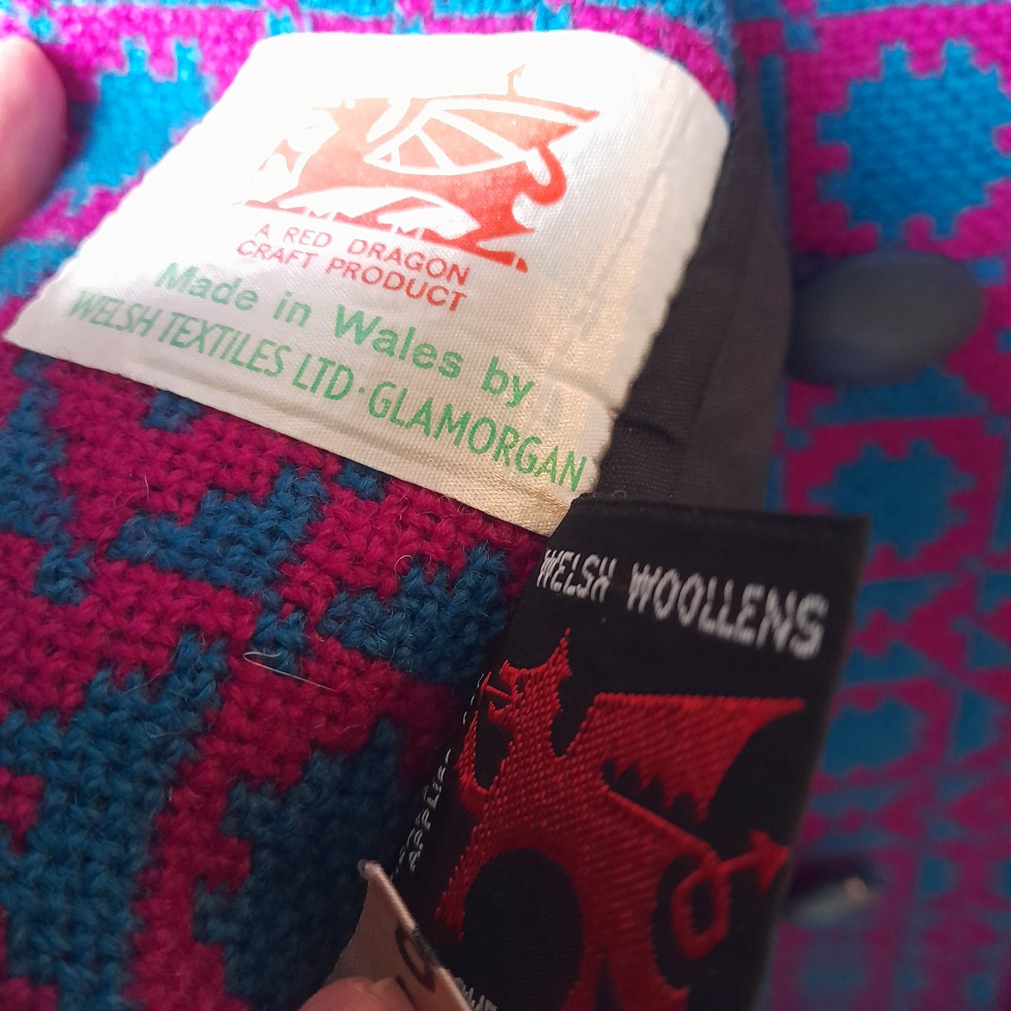 Vintage Welsh Tapestry Long Coat in Bright Pink & Turquoise