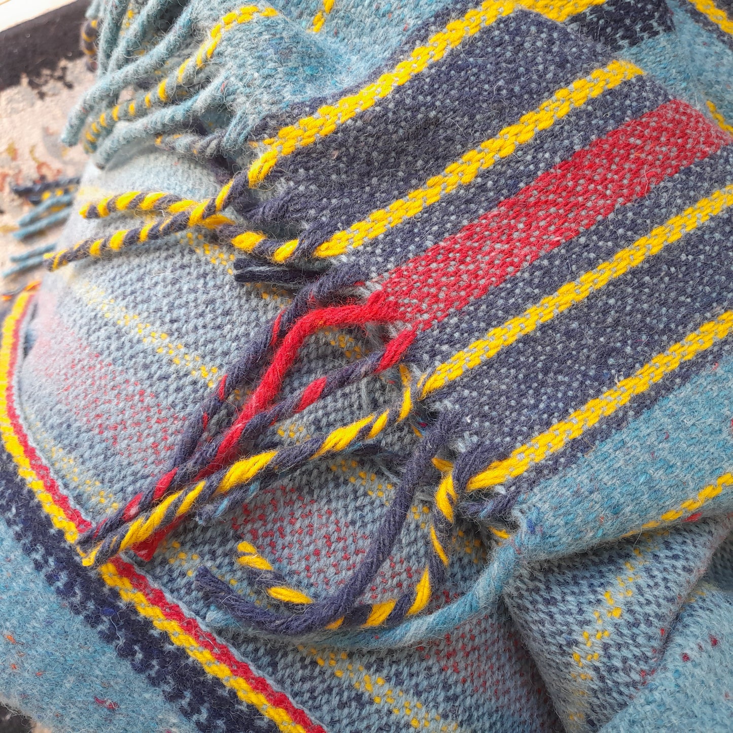 Welsh Blanket in Teal With Red Black & Yellow in Narrow Loom Stripe