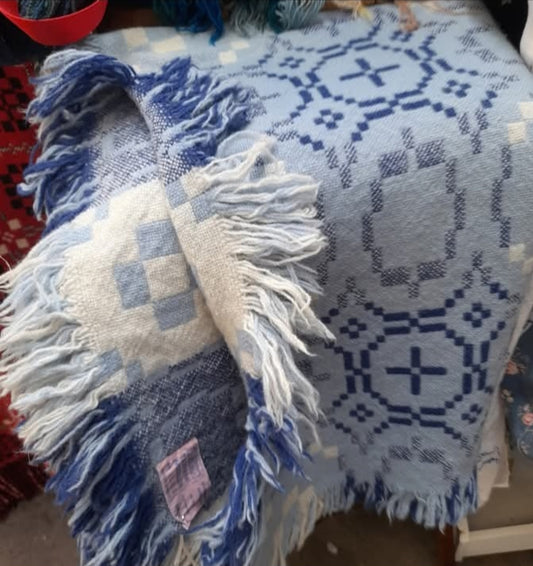 Vintage Welsh Wool Tapestry Cot Blanket in Blue by Trefriw Woollen Mill