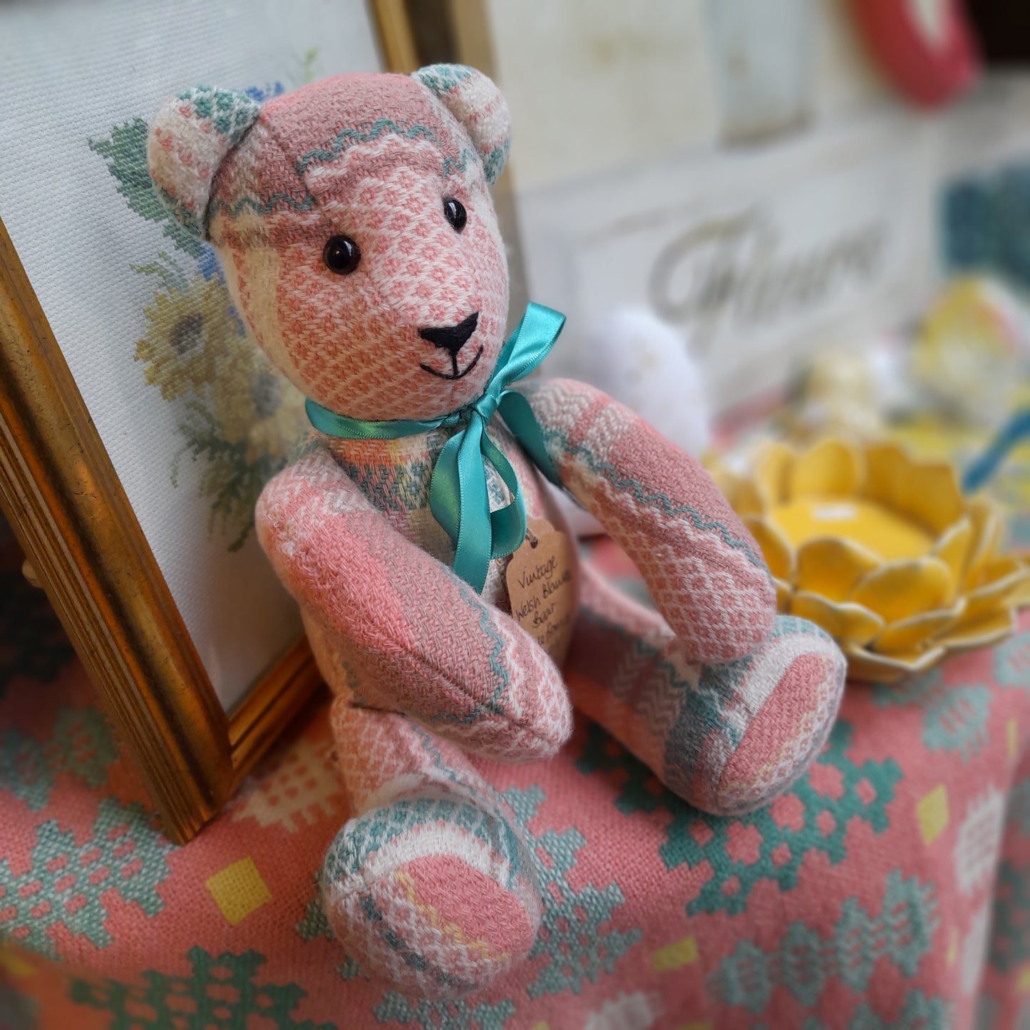 Handmade Welsh Blanket Teddy Bear in Peach Cream & Green