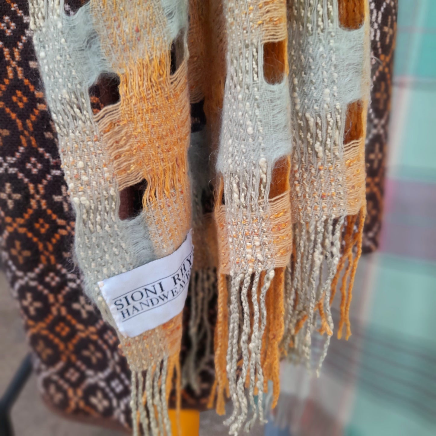 Sioni Rhys Handwoven Wool Wrap/Shawl in Burnt Orange & Sage Green