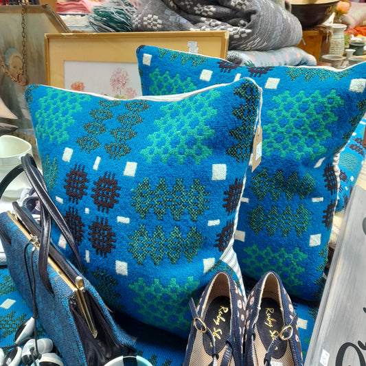 PAIR Handmade Welsh Blanket Cushions in Cobalt Blue, Green, Black & White 18"